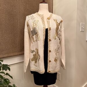 Vintage P Galli Christmas Cardigan Womens Medium Teddy Bear Embroidered Gold